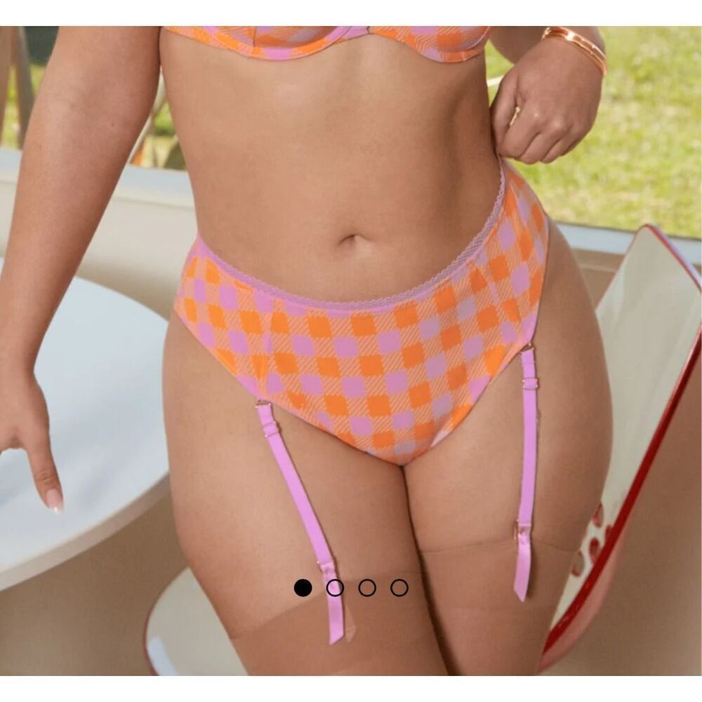 Savage X Fenty Pink Orange Gingham Cheeky Undies Garter Medium